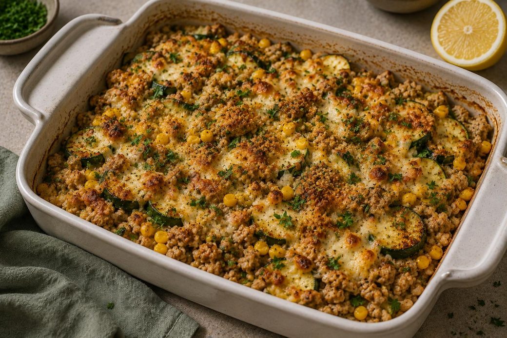 Cheesy Chicken, Zucchini & Corn Bake